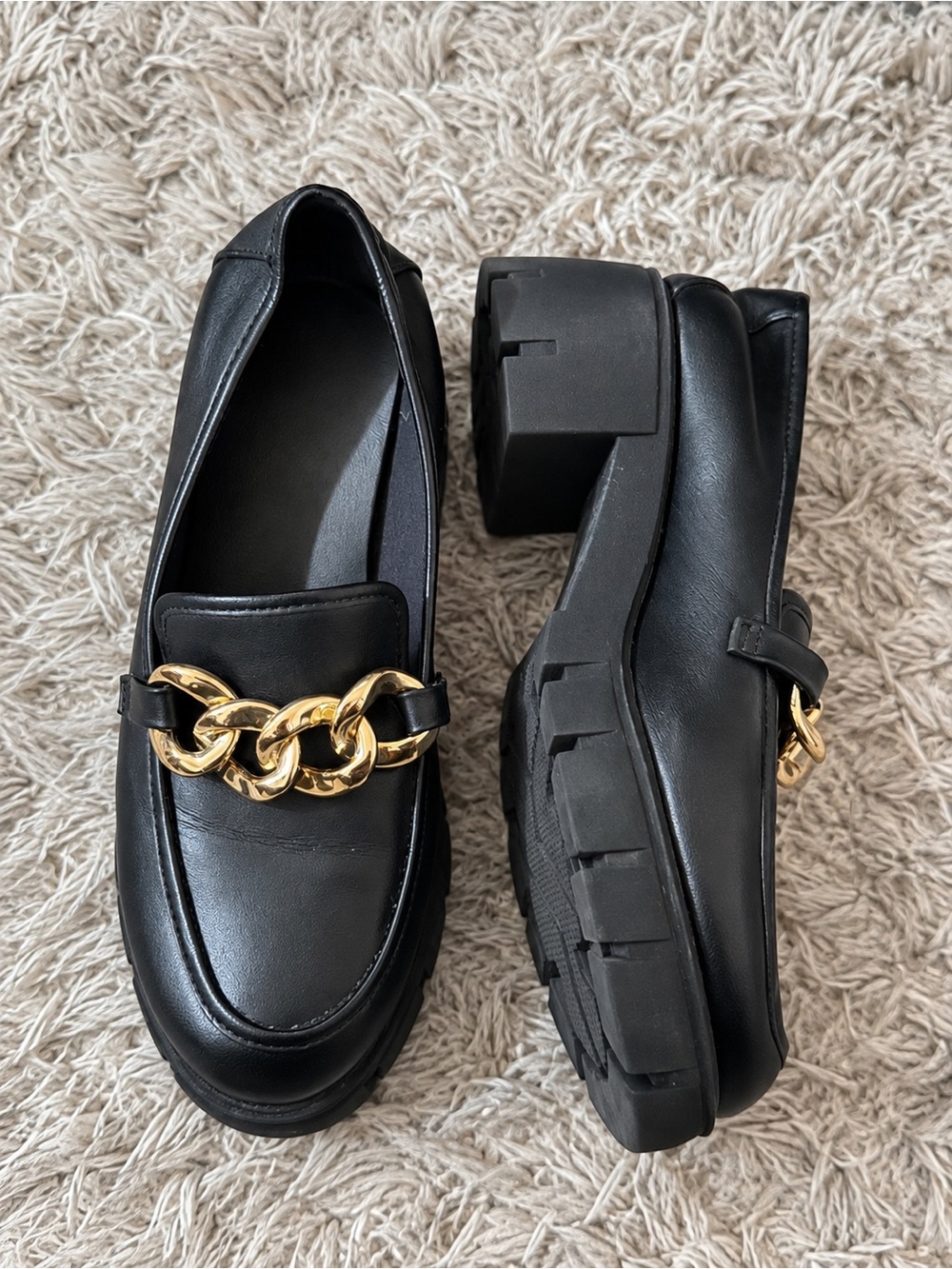 H&M Black Loafers with Chunky Gold Chain Accent